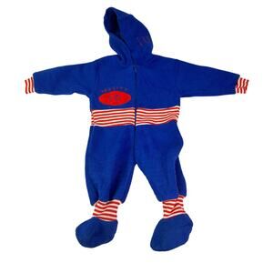 Vintage Baby Footed Pajamas 0-9 Months with Red Striped Trim football design